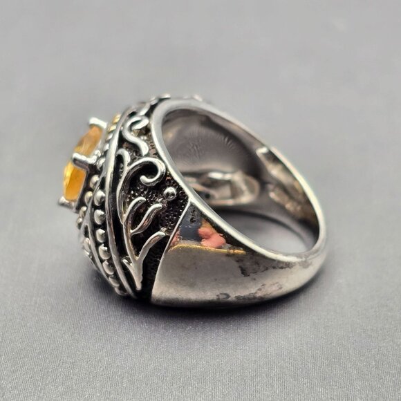 Sterling Silver & Citrine Dome Ring Size 6.5 Ornate Scrollwork Signed K 9.91g - Picture 2 of 13
